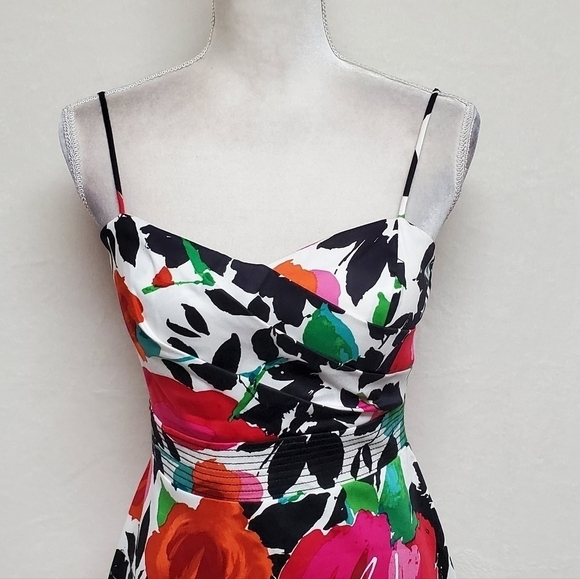 B. Smart Abstract Watercolor Floral Sweetheart V-neck Pin-up A-line Mini Dress - Picture 5 of 14